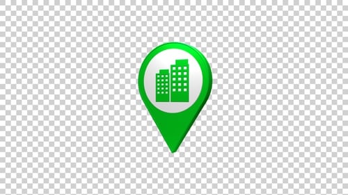 3D Green Location Pin Icon Buildings Animation