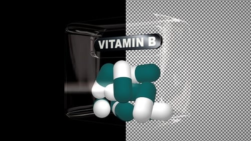 Vitamin B Pills in a Glass Cube, Capsules, Alpha Channel, Looped, Exclusive