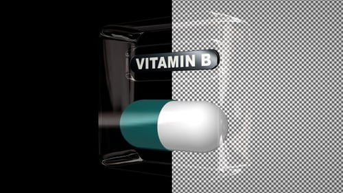 Vitamin B Pill in a Glass Cube, Capsule, Alpha Channel, Looped