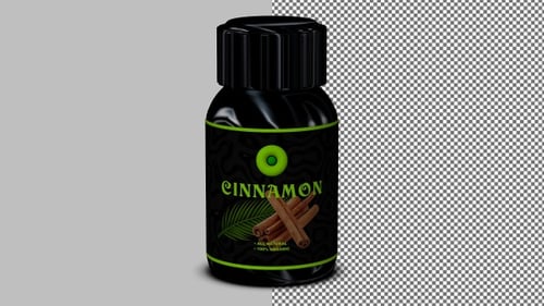 Cinnamon in modern black bottle turning endlessly on clear backdrop, great for culinary projects