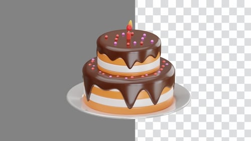 3D Animation of Birthday Cake Celebration with Candle Blowout and Chocolate | Alpha Channel