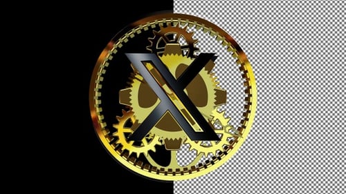 Logotipo giratório do X Twitter com mecanismo de relógio dourado atrás de vidro, canal alfa, exclusivo, renderização 3D