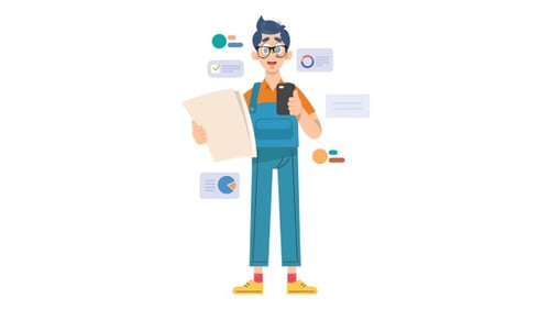 Animated Man with Phone and Data Analytics Elements