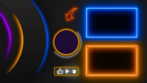 Blue and orange neon end screen. Subscribe button and outro for gaming and video channels