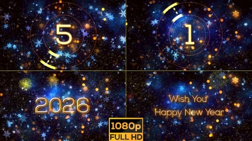 Festive New Year Countdown with Glittering Snowflakes and Fireworks
