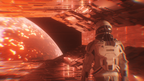 Astronaut Walking In Tunnel With View On Apocalyptic Burning Planet Earth Loop