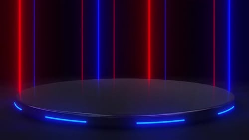 Dynamic Neon Light Stage with Pulsating Color Beams Background