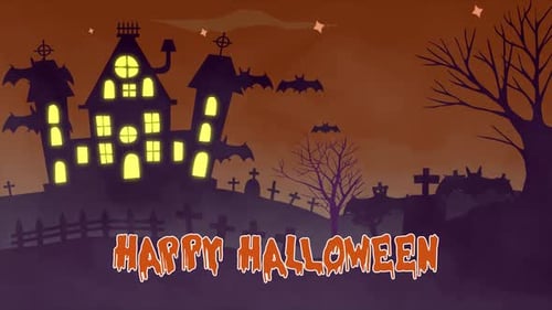 Animated Halloween Scene with Haunted House and Flying Bats
