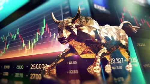 Financial Global Stock Market Bull Market Trading. Stock market trend chart with golden bull