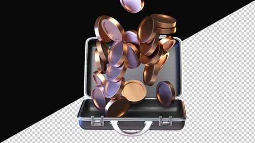 Gold Coins Falling into Briefcase 3D Motion Loop