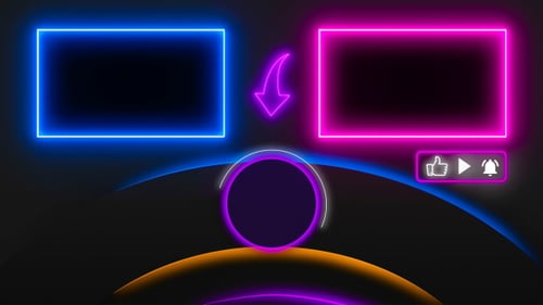 Pantalla final de neón azul y rosa. Botón de suscripción y cierre para canales de videojuegos y vídeo