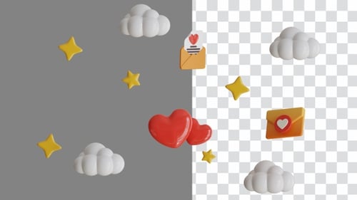 Floating 3D Love Icons with Hearts, Stars, Clouds, and Envelopes Seamless Loop