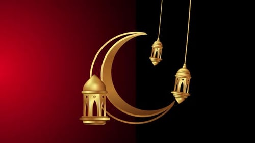 Animated Golden Crescent Moon and Lanterns for Ramadan and Eid