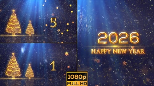 Sparkling New Year Countdown with Festive Christmas Trees and Fireworks