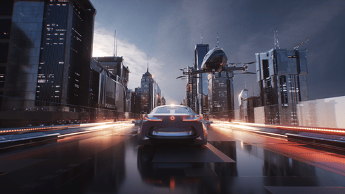 Voiture Futuriste Roulant Sur Une Route Sans Fin Avec Des Gratte-ciel En Boucle De Fond Cinématographique