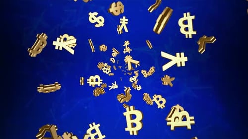 Shiny Golden currency Signs Falling Down in Slow Motion 3D Blue Motion .