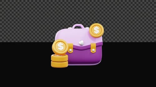 3D Briefcase And Money Animation Alpha Channel