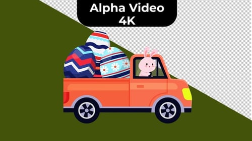 Flat Design Easter Bunny Driving Truck with Decorated Eggs Animation