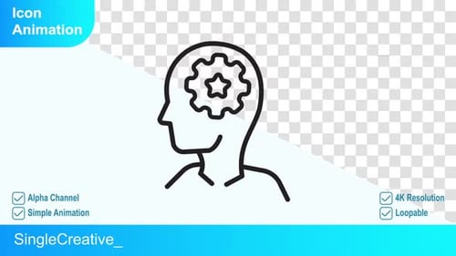 Animated Line Icon of Thinking Head with Gear