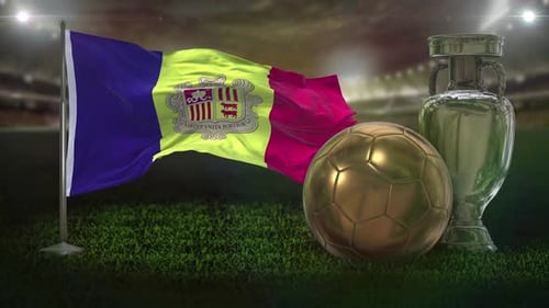 Andorra Flag with Soccer Ball and Championship Trophy in Stadium