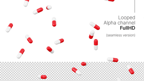 Falling pills alpha loop animation. Red and white capsules FullHD