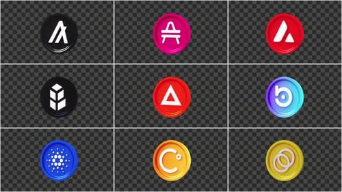 3D Rotating Cryptocurrency Coin Logos with Alpha Channel