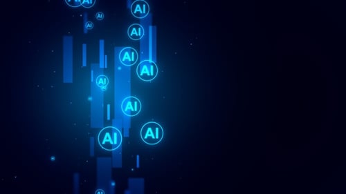 Glowing AI Symbols Flowing Upwards Technology Background