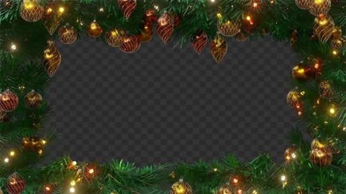 Christmas Garland Frame with Festive Ornaments and Glowing Lights