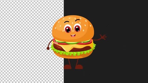Cartoon Burger Character Waving Animation with Alpha Channel