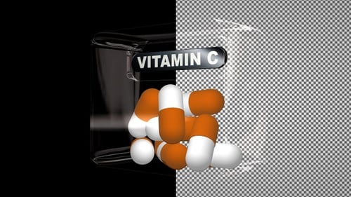 Vitamin C Pills in a Glass Cube, Capsules, Alpha Channel, Looped, Exclusive