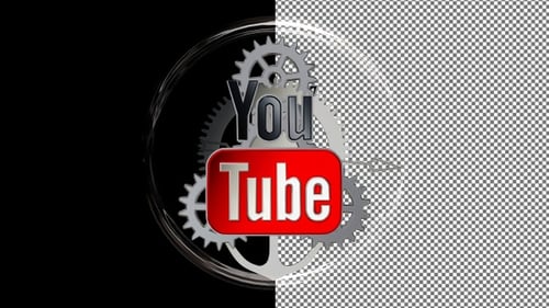 Logotipo giratório do YouTube com mecanismo de relógio atrás do vidro, canal alfa, exclusivo, renderização 3D