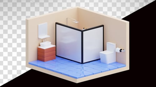 3D Isometric Bathroom Room Build Animated Scene