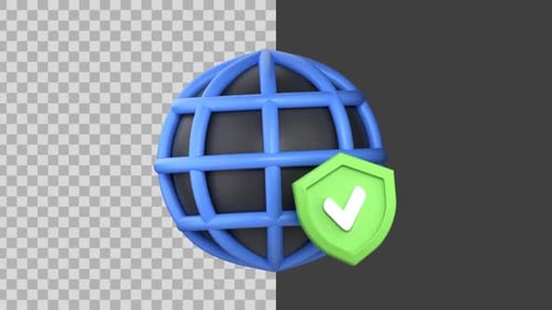 3D Animated Global Network Security Icon with Checkmark
