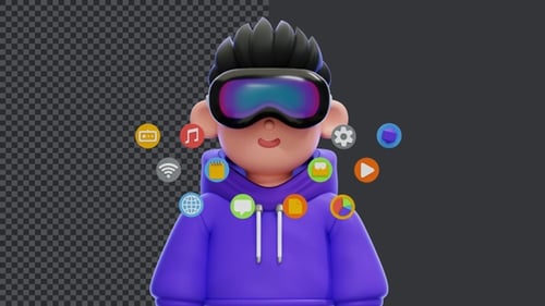 Animated 3D Character in VR Headset with Floating App Icons