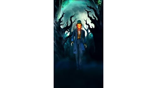 Halloween Pumpkin Head Skeleton Walking Through Dark Haunted Forest