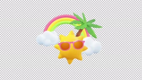 Playful 3D Summer Travel Icons Animation with Sun and Rainbow