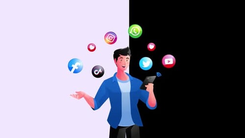 Animated Man with Smartphone and Floating Social Media Icons