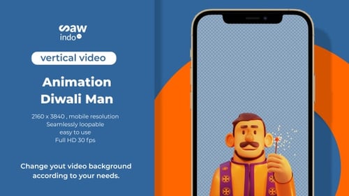 3D Animation Diwali Man Holding Sparkler Vertical Transparent Loop