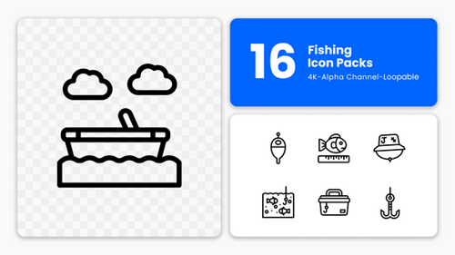 Animated Minimalist Fishing Icons Collection with Alpha Channel