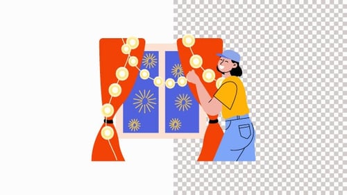 Girl Watching Fireworks From Window Animation Alpha Channel