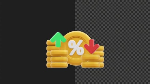 3D Animated Percentage Icon with Golden Coins and Arrows