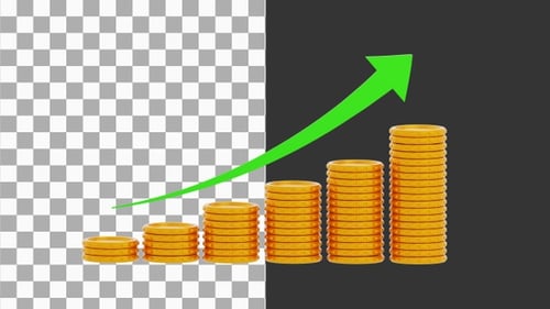 3D Animation of Rising Arrow Golden Coins Graph | Alpha Channel