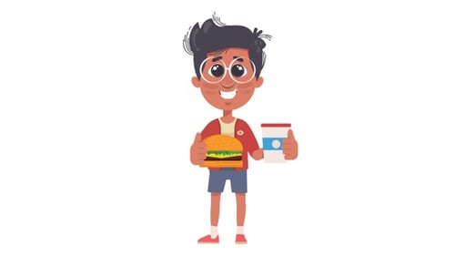 Happy Animated Boy Character with Burger and Drink