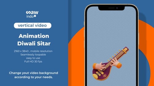 3D Animation Diwali Sitar Venna Instrument Vertical Transparent Loop