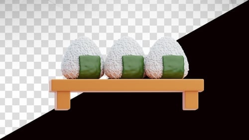 Modern 3D Animated Onigiri Rice Balls on Wooden Tray