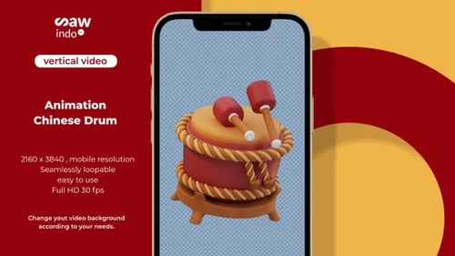 3D Vertical Chinese Drum Loop Animation Transparent
