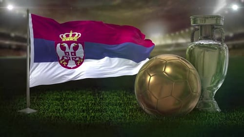 Serbian Flag with Golden Soccer Ball and Trophy in Stadium