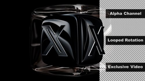 Drehung des X-Twitter-Logos in einem Glaswürfel, Alphakanal, einzigartiges Design, Exklusiv, 3D-Render