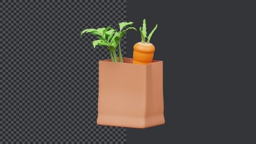 Animación 3D de verduras en una bolsa de papel