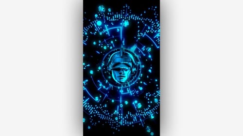 Futuristic Digital Head with Headphones and Neon Audio Visualizer